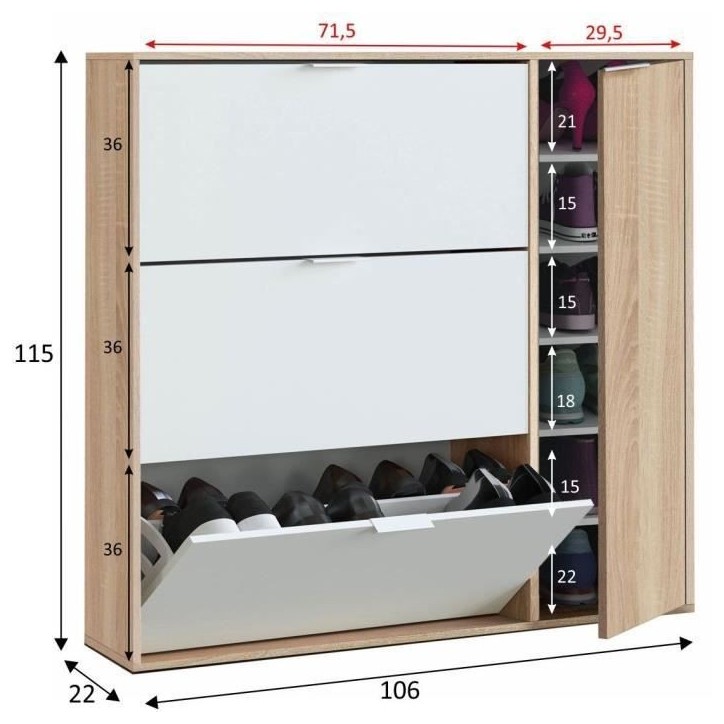 Meuble a chaussure - CLASS - 3 tiroirs abattants et 1 porte - Chene canadien et blanc - 106x115x22cm