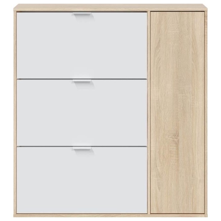Meuble a chaussure - CLASS - 3 tiroirs abattants et 1 porte - Chene canadien et blanc - 106x115x22cm