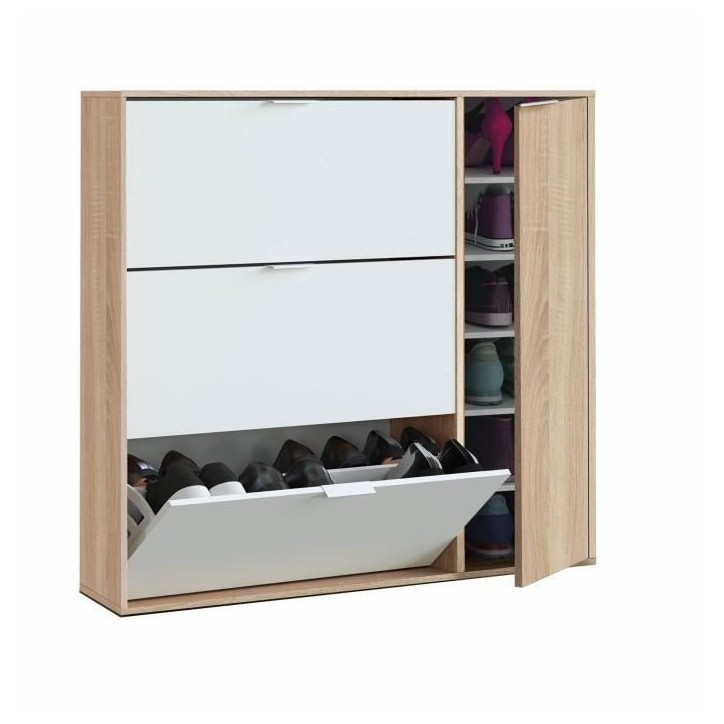 Meuble a chaussure - CLASS - 3 tiroirs abattants et 1 porte - Chene canadien et blanc - 106x115x22cm
