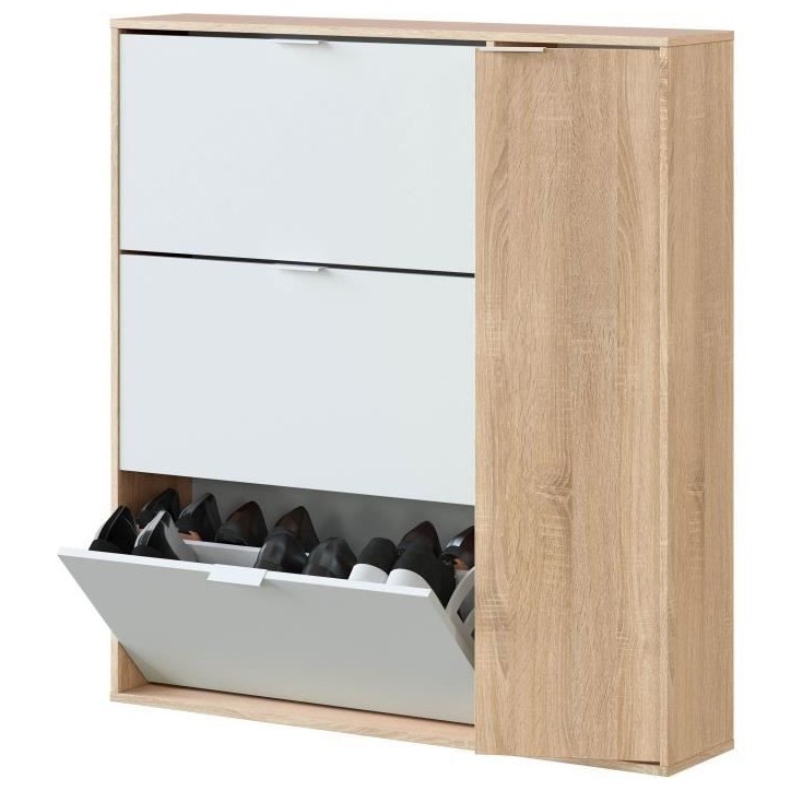 Meuble a chaussure - CLASS - 3 tiroirs abattants et 1 porte - Chene canadien et blanc - 106x115x22cm