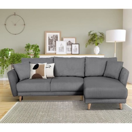 Canapé d'angle convertible réversible - 3 / 4 places - CLAUDIUS - Tissu Velours côtelé Anthracite - Coffre - 244 x 158 x 86