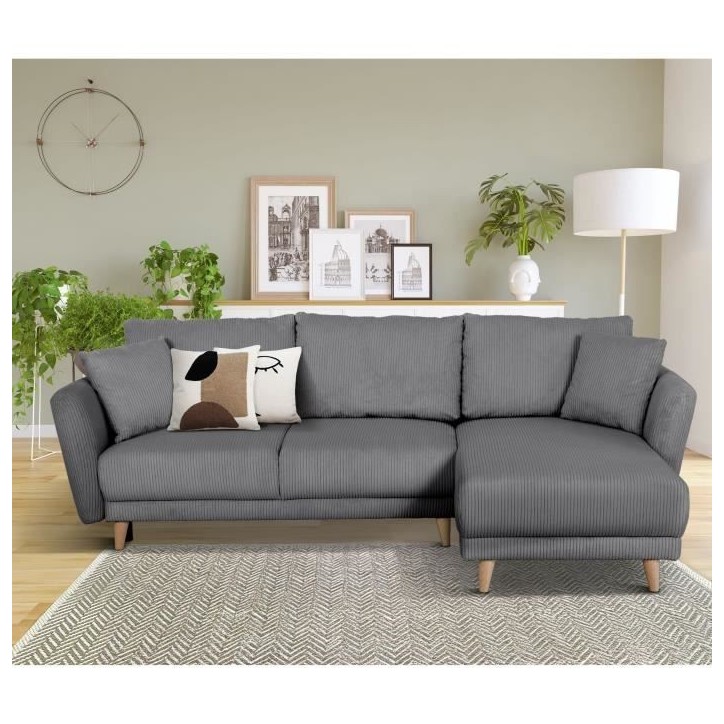 Canapé d'angle convertible réversible - 3 / 4 places - CLAUDIUS - Tissu Velours côtelé Anthracite - Coffre - 244 x 158 x 86