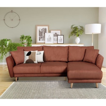 Canapé d'angle convertible réversible - 3 / 4 places - CLAUDIUS - Tissu Velours côtelé Terracotta - Coffre - 244 x 158 x 86