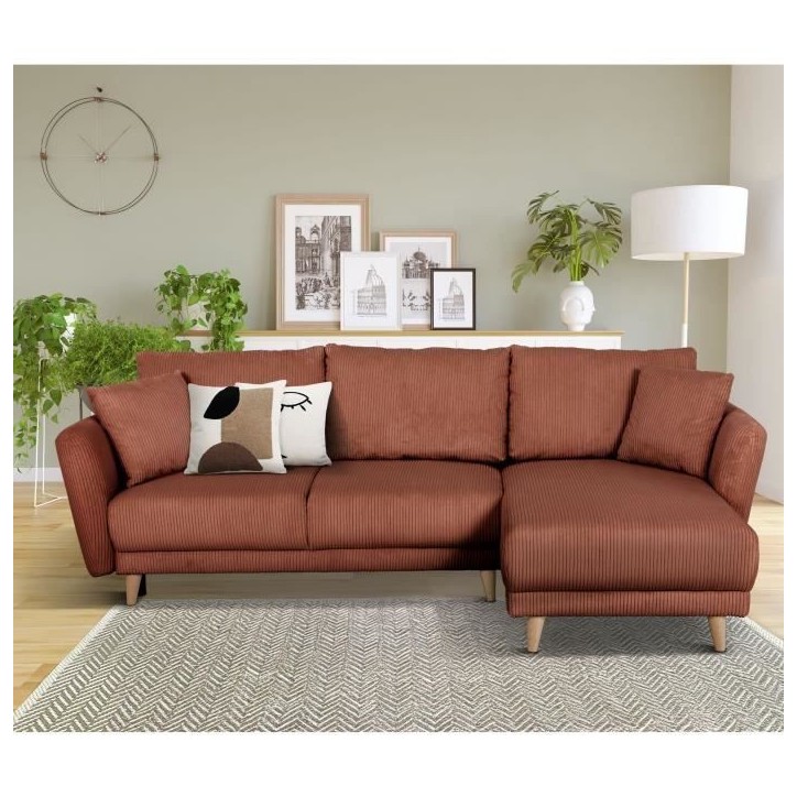 Canapé d'angle convertible réversible - 3 / 4 places - CLAUDIUS - Tissu Velours côtelé Terracotta - Coffre - 244 x 158 x 86 Canapé d'angle convertible réversible - 3 / 4 places - CLAUDIUS - Tissu Velours côtelé Terracotta - Coffre - 244 x 158 x 86