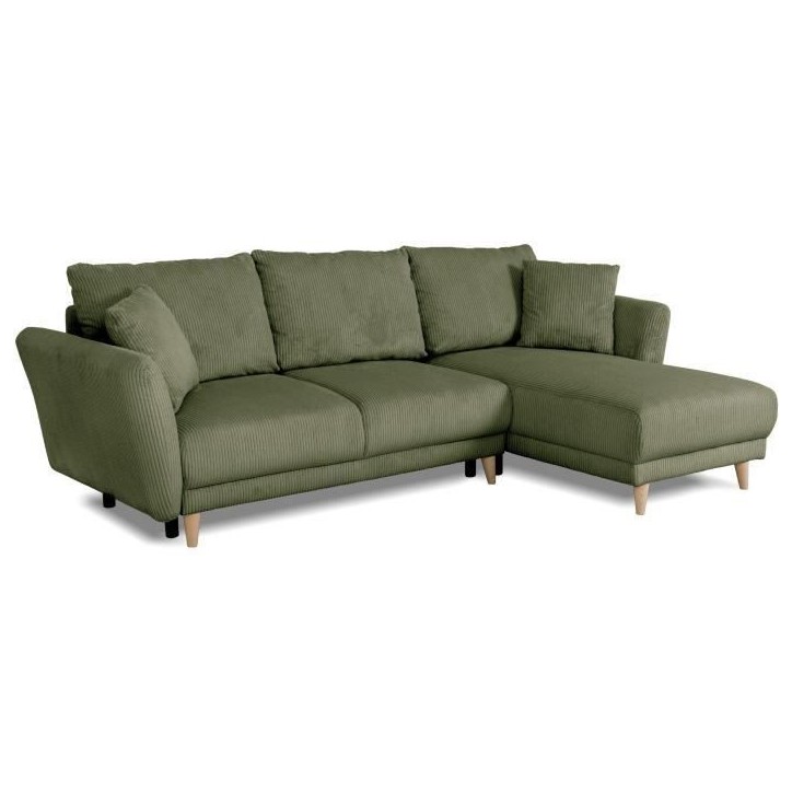 Canapé d'angle convertible réversible - 3 / 4 places - CLAUDIUS - Tissu Velours côtelé Kaki - Coffre - 244 x 158 x 86 cm