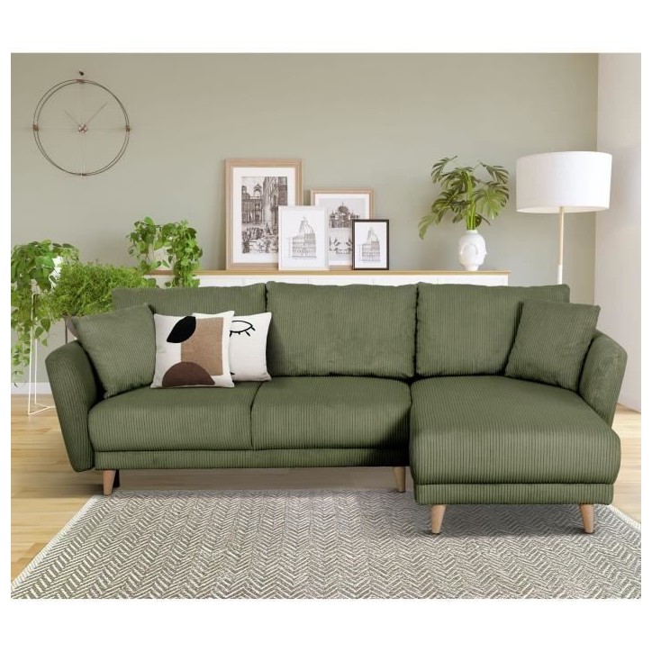Canapé d'angle convertible réversible - 3 / 4 places - CLAUDIUS - Tissu Velours côtelé Kaki - Coffre - 244 x 158 x 86 cm