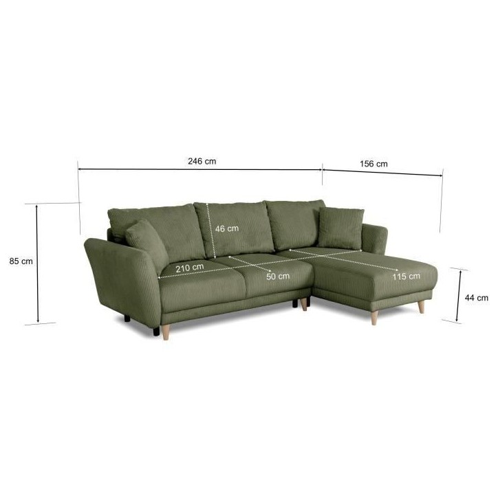 Canapé d'angle convertible réversible - 3 / 4 places - CLAUDIUS - Tissu Velours côtelé Kaki - Coffre - 244 x 158 x 86 cm