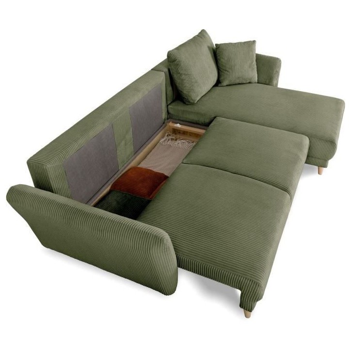 Canapé d'angle convertible réversible - 3 / 4 places - CLAUDIUS - Tissu Velours côtelé Kaki - Coffre - 244 x 158 x 86 cm