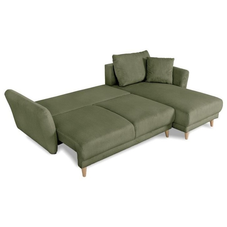 Canapé d'angle convertible réversible - 3 / 4 places - CLAUDIUS - Tissu Velours côtelé Kaki - Coffre - 244 x 158 x 86 cm