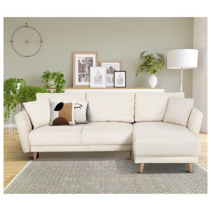 Canapé d'angle convertible réversible - 3 / 4 places - CLAUDIUS - Tissu Velours côtelé beige - Coffre - 244 x 158 x 86 cm