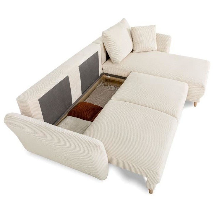 Canapé d'angle convertible réversible - 3 / 4 places - CLAUDIUS - Tissu Velours côtelé beige - Coffre - 244 x 158 x 86 cm