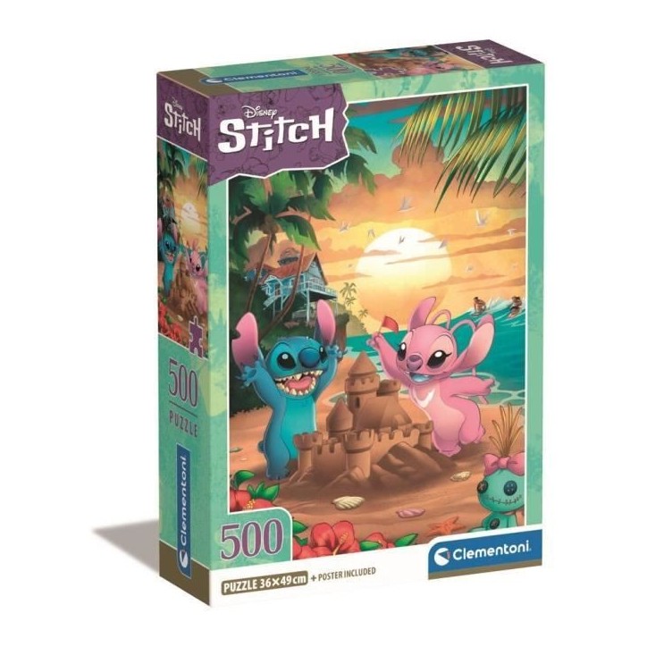 Puzzle 500 pieces Stitch compact, Pour enfants a partir de 3 ans, Theme dessins animés, CLEMENTONI