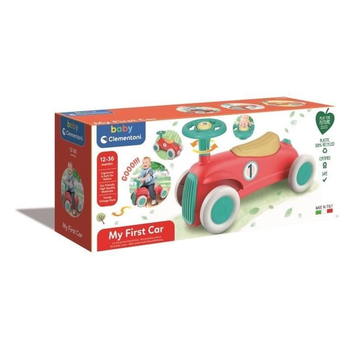 Porteur Baby Clementoni - Ma premiere voiture - 100% recyclé - Roues directrices et klaxon Porteur Baby Clementoni - Ma premiere voiture - 100% recyclé - Roues directrices et klaxon