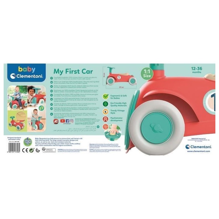 Porteur Baby Clementoni - Ma premiere voiture - 100% recyclé - Roues directrices et klaxon Porteur Baby Clementoni - Ma premiere voiture - 100% recyclé - Roues directrices et klaxon
