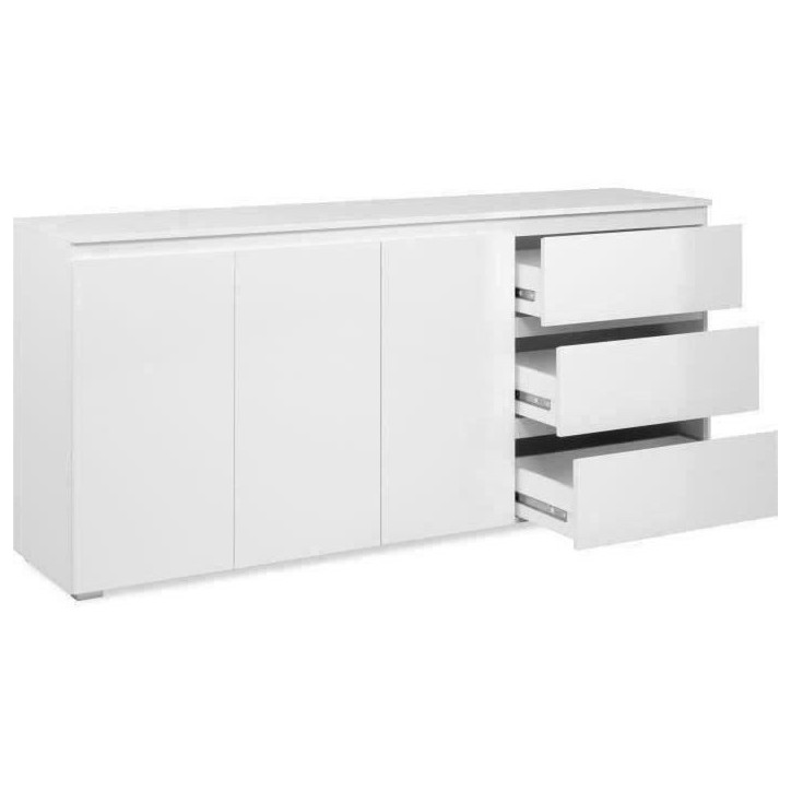 Buffet Capetown - Décor blanc brillant - Panneaux de particules - 3 portes - 3 étageres - 3 tiroirs - 179 x 80,5 x 40 cm