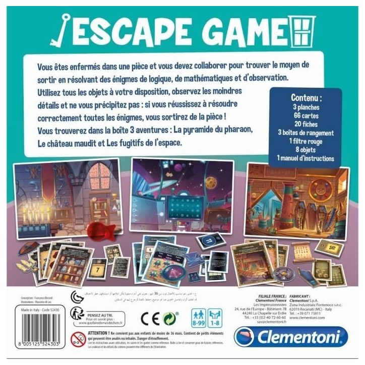Clementoni - Escape Game - 3 pieces : Pharaon, Espace, Château - 1 a 8 joueurs Clementoni - Escape Game - 3 pieces : Pharaon, Espace, Château - 1 a 8 joueurs