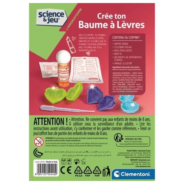 Clementoni - Science & Jeu - Coffret scientifique création de baumes a levres - Dés 8 ans Clementoni - Science & Jeu - Coffret scientifique création de baumes a levres - Dés 8 ans