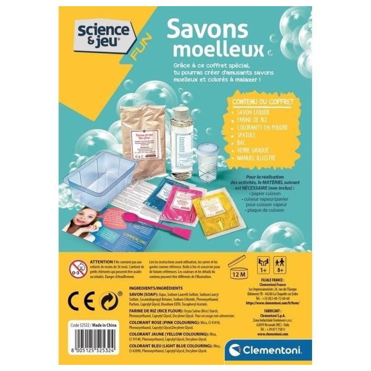 Clementoni - Jeu de science - Création de savons moelleux pour enfants - Ingrédients et ustensiles inclus - Des 8 ans