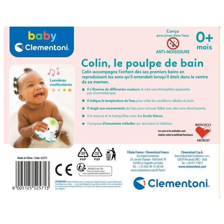 Jouet de bain interactif Baby Clementoni - Colin le poulpe lumineux et musical Jouet de bain interactif Baby Clementoni - Colin le poulpe lumineux et musical