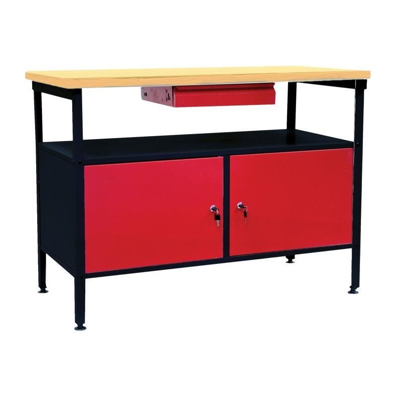Établi a double porte DEFITEC - Rouge/Blanc - Pieds réglables - 1 ti