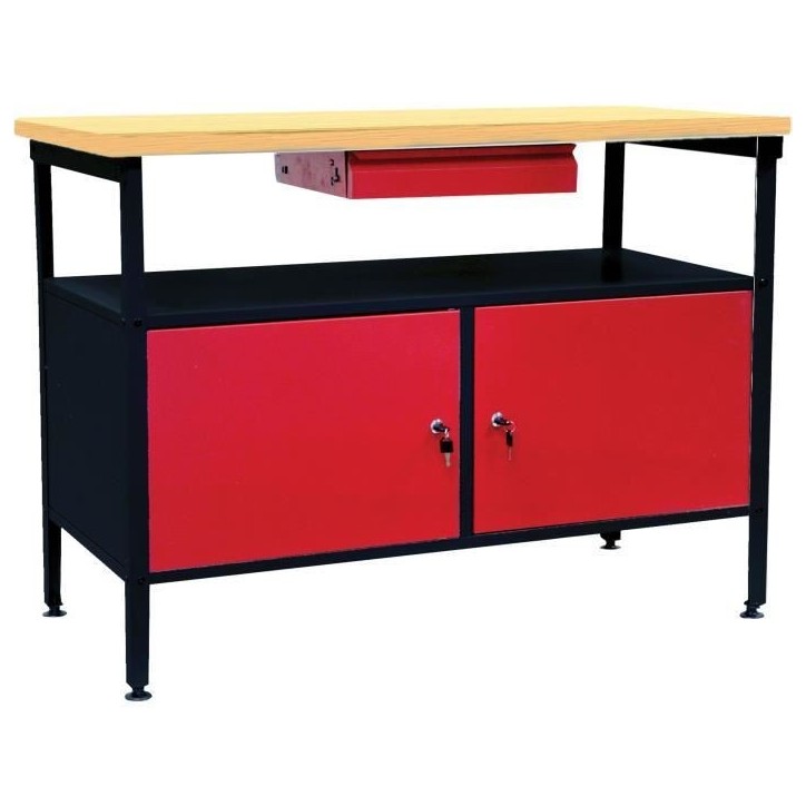 Établi a double porte DEFITEC - Rouge/Blanc - Pieds réglables - 1 tiroir - 2 étageres Établi a double porte DEFITEC - Rouge/Blanc - Pieds réglables - 1 tiroir - 2 étageres