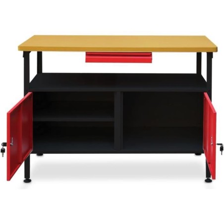 Établi a double porte DEFITEC - Rouge/Blanc - Pieds réglables - 1 tiroir - 2 étageres