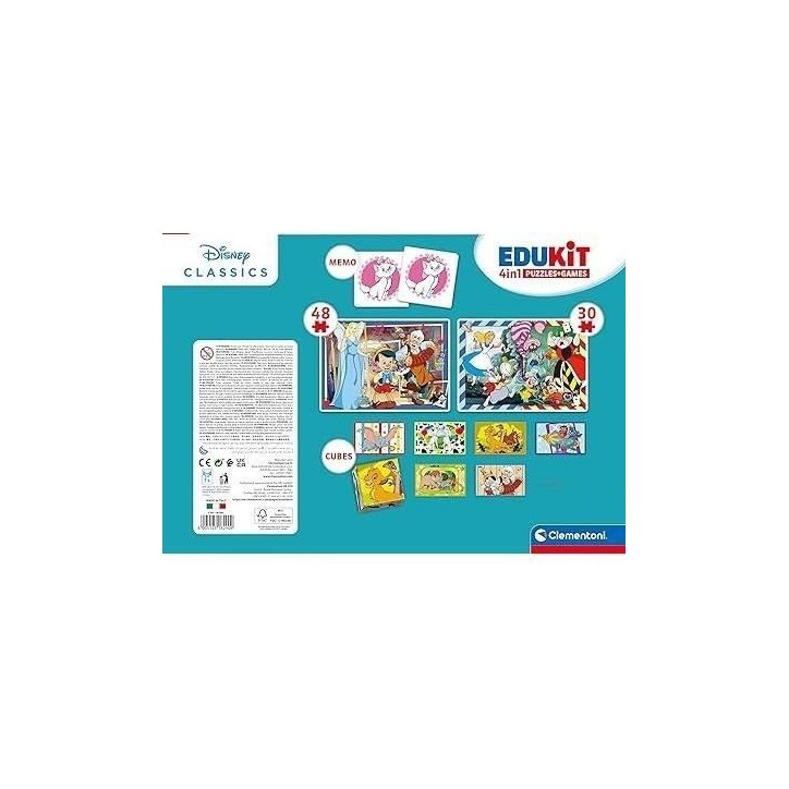 Clementoni - Edukit - Disney - Coffret apprentissage 4 en 1 - 2 puzzles, 1 mémo, 1 jeu de 6 cubes - Fabriqué en Italie - Dés Clementoni - Edukit - Disney - Coffret apprentissage 4 en 1 - 2 puzzles, 1 mémo, 1 jeu de 6 cubes - Fabriqué en Italie - Dés