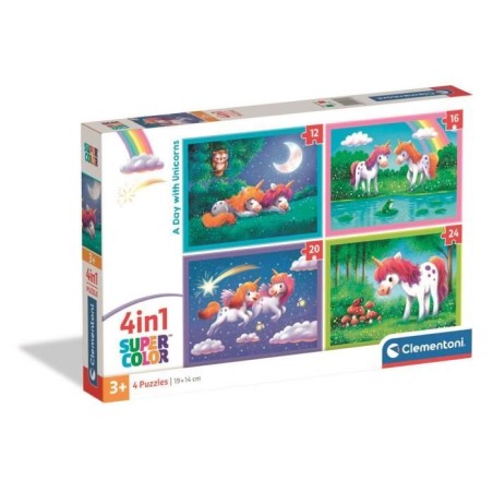 CLEMENTONI - Puzzle 4 en 1 - A Day with Unicorns