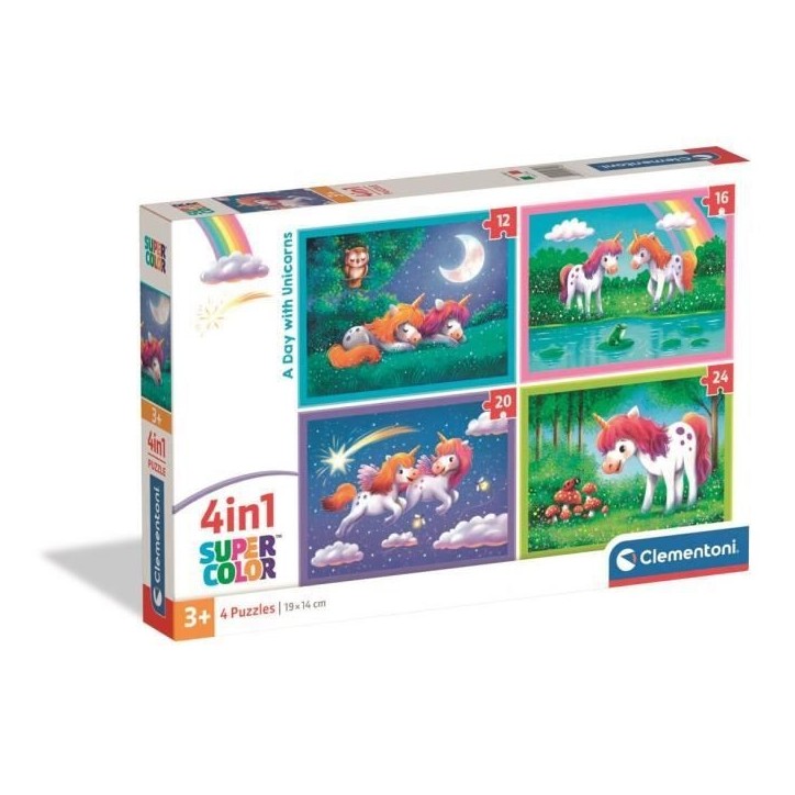 CLEMENTONI - Puzzle 4 en 1 - A Day with Unicorns