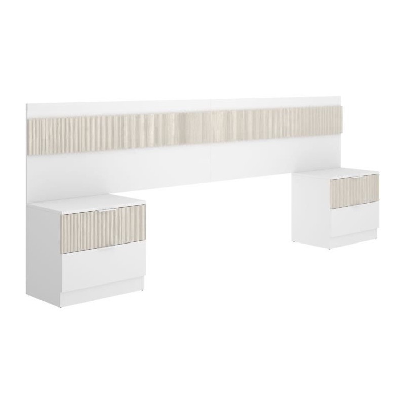 Tete de lit avec 2 tables de chevet a 2 tiroirs - Lamelles / Blanc - 2