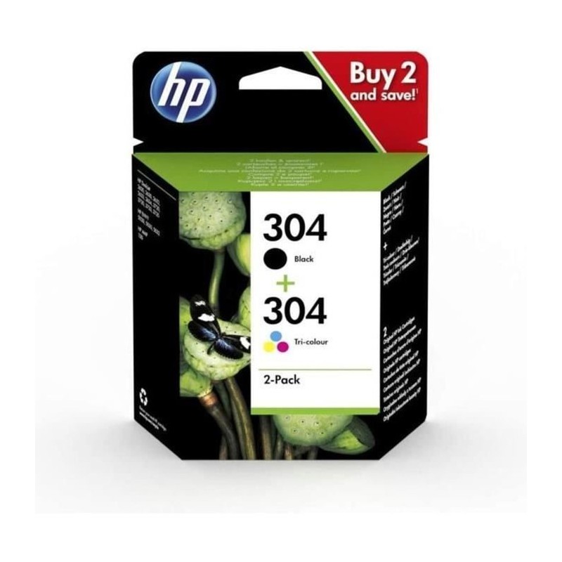 HP 304 Pack de 2 cartouches d'encre noire et trois couleurs authentiqu