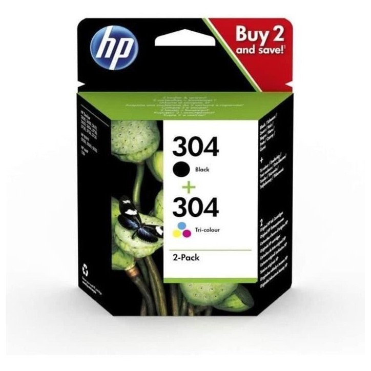 HP 304 Pack de 2 cartouches d'encre noire et trois couleurs authentiques (3JB05AE) pour DeskJet 2620/2630/3720/3730, Envy 5020/5