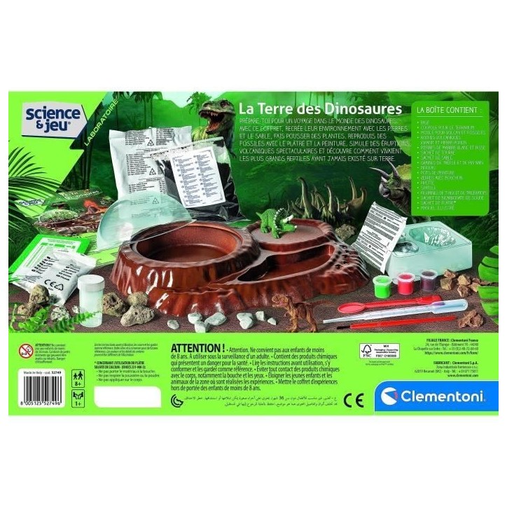 Clementoni - Sciences et jeu - Le monde des dinosaures - Terrarium a créer + 3 figurines dinosaures - Fabriqué en Italie
