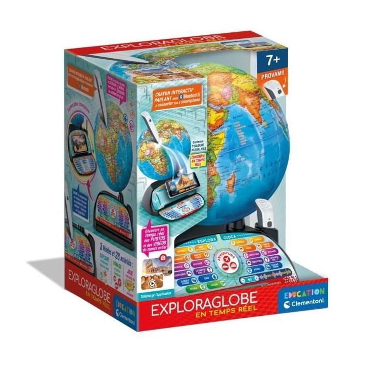 CLEMENTONI - Exploraglobe - Voyage en temps réel - 3 modes de jeu et 28 activités - Stylo Bluetooth