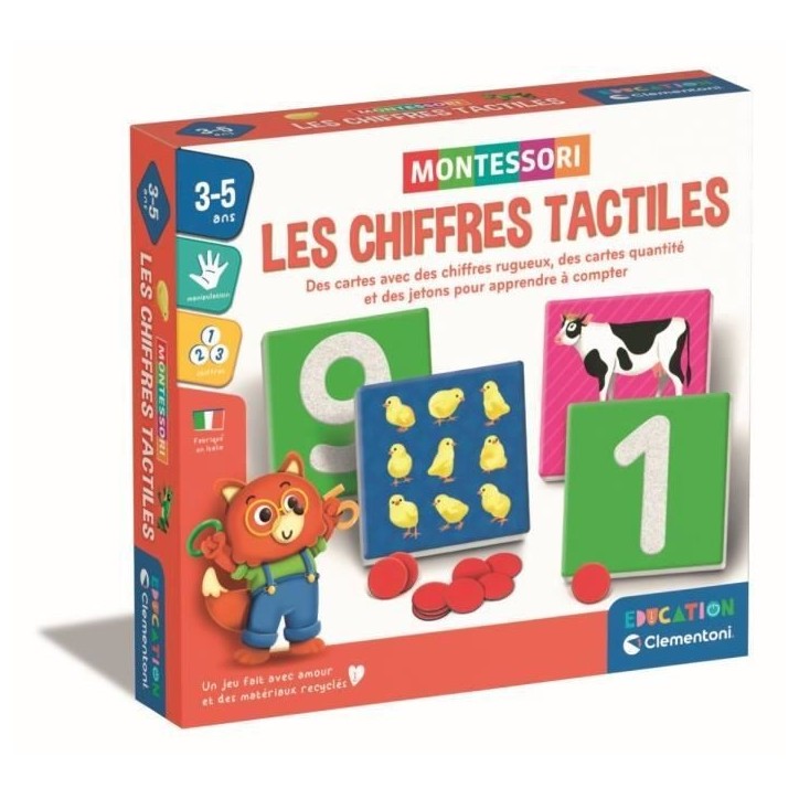 Montessori - Clementoni - Les chiffres tactiles - Jeu éducatif apprentissage des chiffres - 10 cartes chiffres rugueux - Dés 3 Montessori - Clementoni - Les chiffres tactiles - Jeu éducatif apprentissage des chiffres - 10 cartes chiffres rugueux - Dés 3