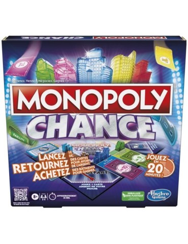 Monopoly Chance, jeu de plateau Monopoly rapide pour la famille, pour 2 a 4 joueurs, environ 20 min.