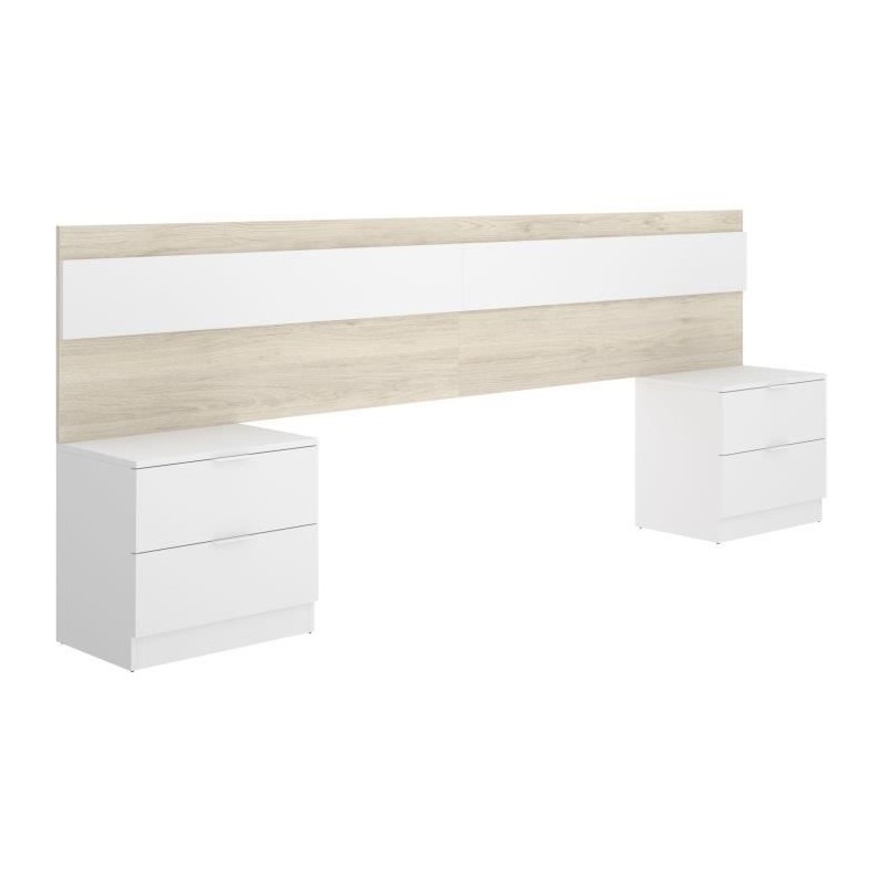 Tete de lit avec 2 tables de chevet a 2 tiroirs - Chene / Blanc - 248