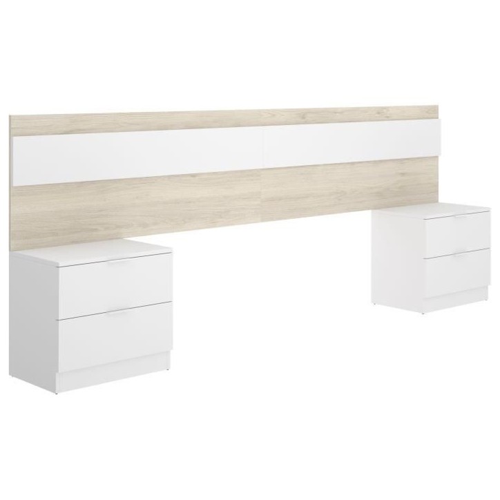Tete de lit avec 2 tables de chevet a 2 tiroirs - Chene / Blanc - 248 x 34,2 x 96 cm Tete de lit avec 2 tables de chevet a 2 tiroirs - Chene / Blanc - 248 x 34,2 x 96 cm