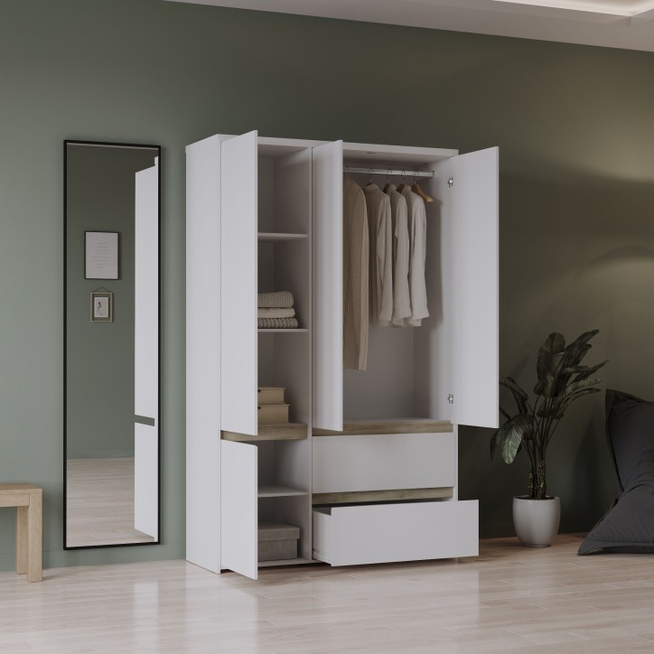 Armoire de chambre - CLYDE - Chene Kronberg / Blanc - 4 portes - 138,2 x 50 x 220,5 cm Armoire de chambre - CLYDE - Chene Kronberg / Blanc - 4 portes - 138,2 x 50 x 220,5 cm