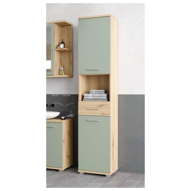 Colonne de salle de bain - Chene artisan / Vert sauge - 2 portes - 40,2 x 28,9 x 183,6 cm Colonne de salle de bain - Chene artisan / Vert sauge - 2 portes - 40,2 x 28,9 x 183,6 cm
