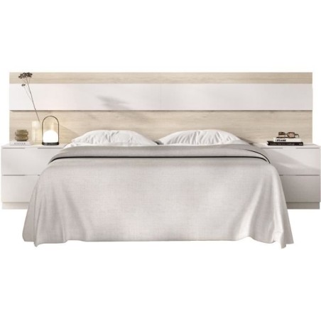 Tete de lit avec 2 tables de chevet a 2 tiroirs - Chene / Blanc - 248 x 34,2 x 96 cm