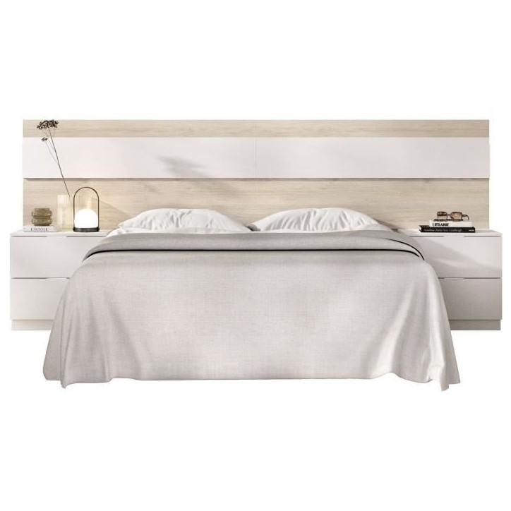 Tete de lit avec 2 tables de chevet a 2 tiroirs - Chene / Blanc - 248 x 34,2 x 96 cm Tete de lit avec 2 tables de chevet a 2 tiroirs - Chene / Blanc - 248 x 34,2 x 96 cm