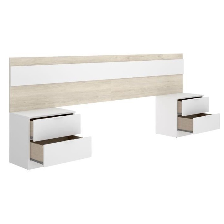 Tete de lit avec 2 tables de chevet a 2 tiroirs - Chene / Blanc - 248 x 34,2 x 96 cm Tete de lit avec 2 tables de chevet a 2 tiroirs - Chene / Blanc - 248 x 34,2 x 96 cm