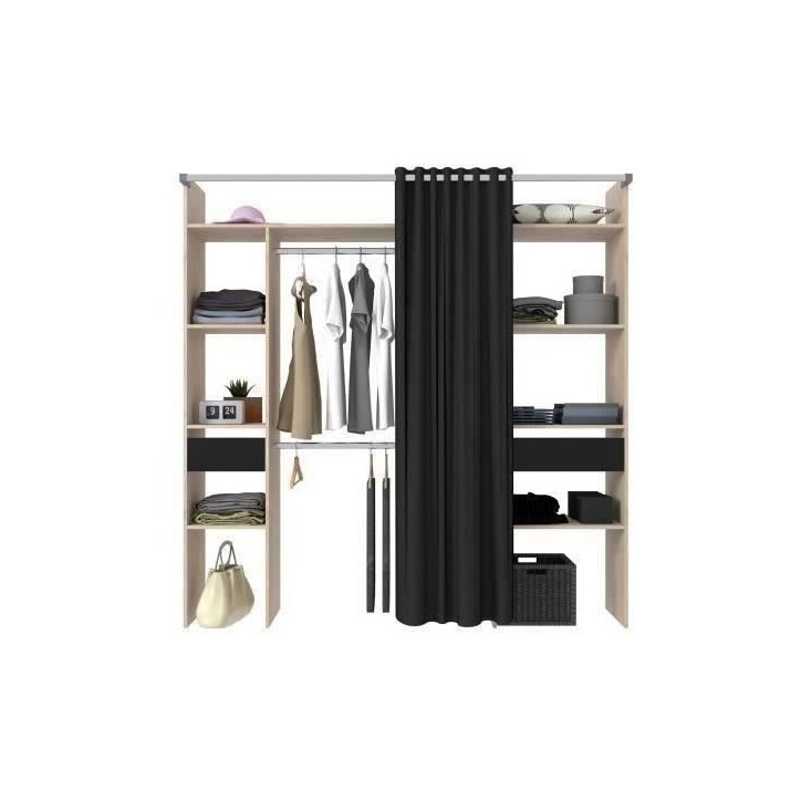 Dressing ARTIC avec rideau - L 198 x H 203 cm - 2 colonnes + 2 penderies + 2 tiroirs - Chene Jackson et noir Dressing ARTIC avec rideau - L 198 x H 203 cm - 2 colonnes + 2 penderies + 2 tiroirs - Chene Jackson et noir