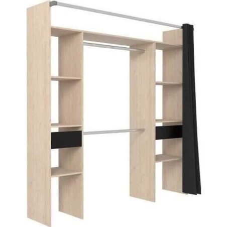 Dressing ARTIC avec rideau - L 198 x H 203 cm - 2 colonnes + 2 penderies + 2 tiroirs - Chene Jackson et noir