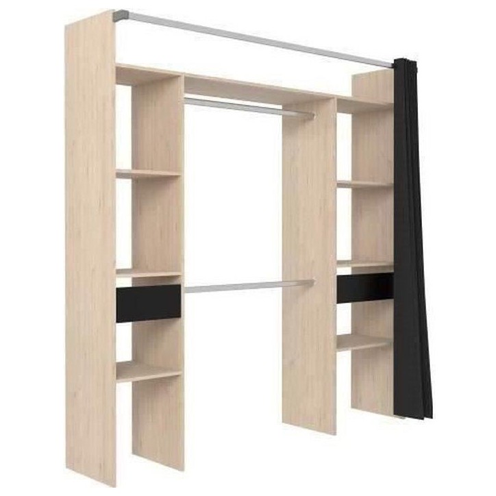 Dressing ARTIC avec rideau - L 198 x H 203 cm - 2 colonnes + 2 penderies + 2 tiroirs - Chene Jackson et noir Dressing ARTIC avec rideau - L 198 x H 203 cm - 2 colonnes + 2 penderies + 2 tiroirs - Chene Jackson et noir