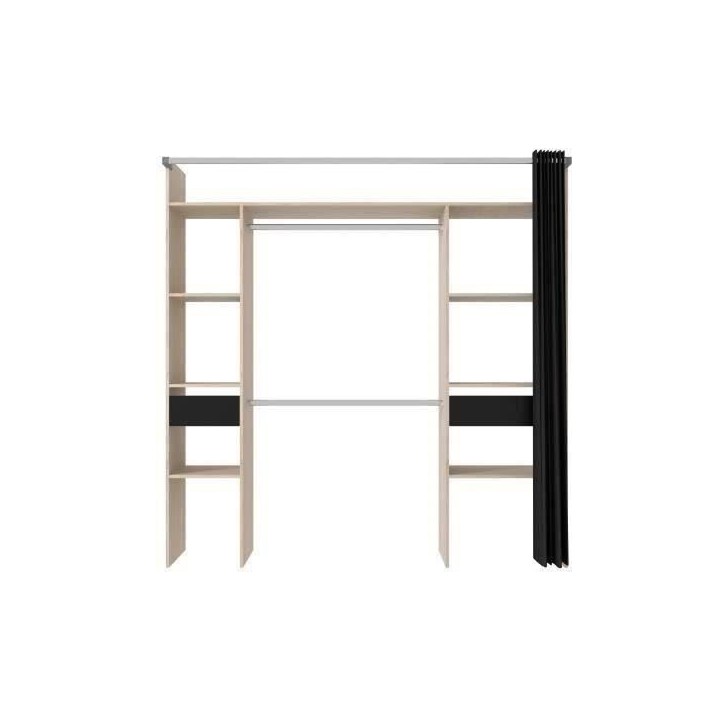 Dressing ARTIC avec rideau - L 198 x H 203 cm - 2 colonnes + 2 penderies + 2 tiroirs - Chene Jackson et noir Dressing ARTIC avec rideau - L 198 x H 203 cm - 2 colonnes + 2 penderies + 2 tiroirs - Chene Jackson et noir