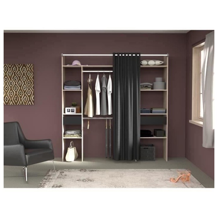 Dressing ARTIC avec rideau - L 198 x H 203 cm - 2 colonnes + 2 penderies + 2 tiroirs - Chene Jackson et noir Dressing ARTIC avec rideau - L 198 x H 203 cm - 2 colonnes + 2 penderies + 2 tiroirs - Chene Jackson et noir