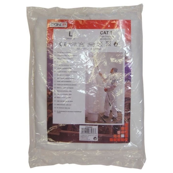Combinaison de protection - CON:P - 4555500 - Jetable - Taille L - Polypropylene - Blanc Combinaison de protection - CON:P - 4555500 - Jetable - Taille L - Polypropylene - Blanc