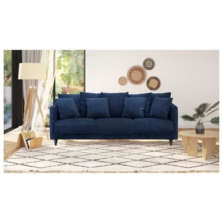 Canapé droit fixe 4 places - Tissu bleu - Classique - L 212 x P 93 cm - CONSTANCE Canapé droit fixe 4 places - Tissu bleu - Classique - L 212 x P 93 cm - CONSTANCE